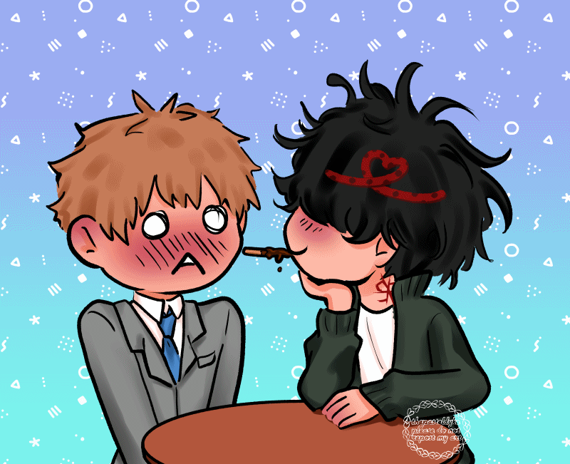 Chibi drawing of Toto and Ron from Kamonohashi Ron's Forbidden Deductions sitting by a table. Ron has a stick of pocky in his mouth, looking at Toto. Toto is blushing and vibrating in his seat. The stick of pocky is covered in syrup.